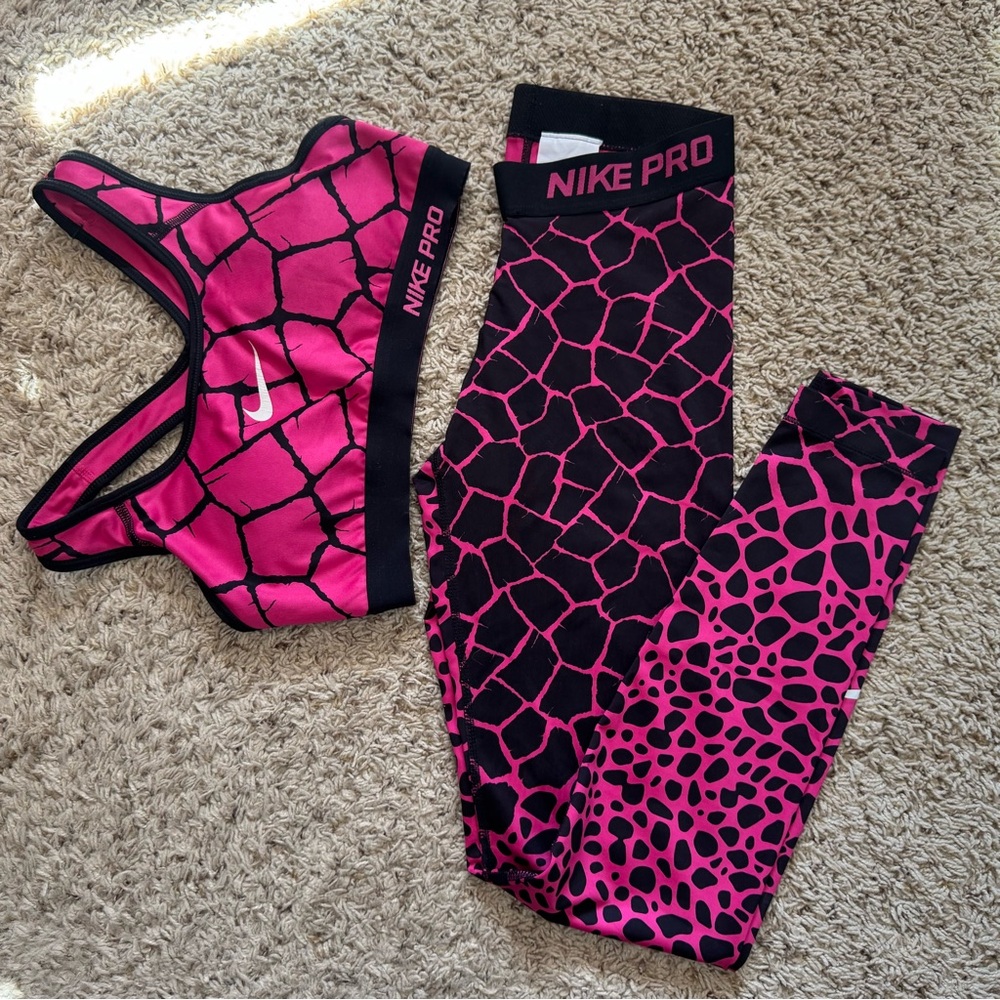 Nike Pro Dri-FIT Sports Bra & Leggings Set Pink Black Animal Print Size S